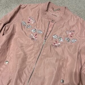 Odyn Pink Bomber Jacket with Embroidered Accents full zipper and pockets